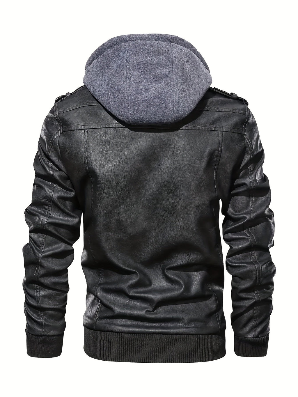 Men's hooded leather look biker jacket, detail