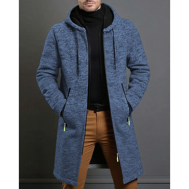Men's long open front hooded jacket, side view