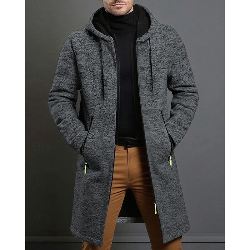 Men's long open front hooded jacket, back view