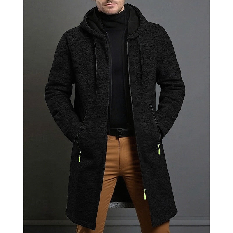 Men's long open front hooded jacket, detail