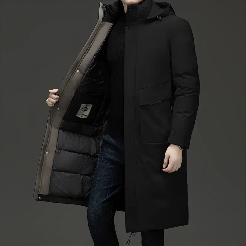 Men's long hooded quilted winter parka, side view