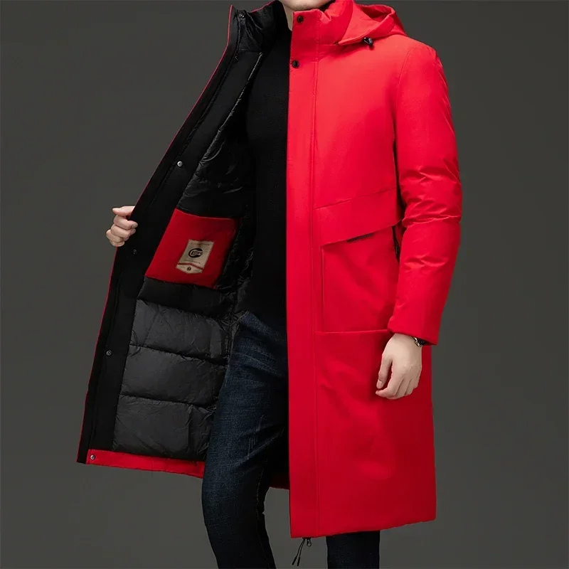 Men's long hooded quilted winter parka, back view