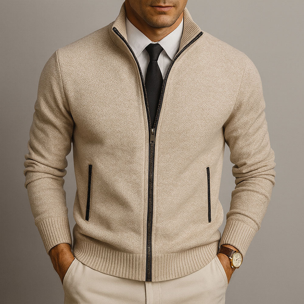 Men's stand collar zip knit cardigan, side view