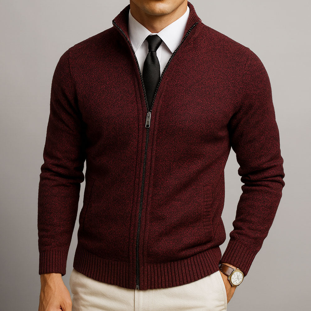 Men's stand collar zip knit cardigan, back view