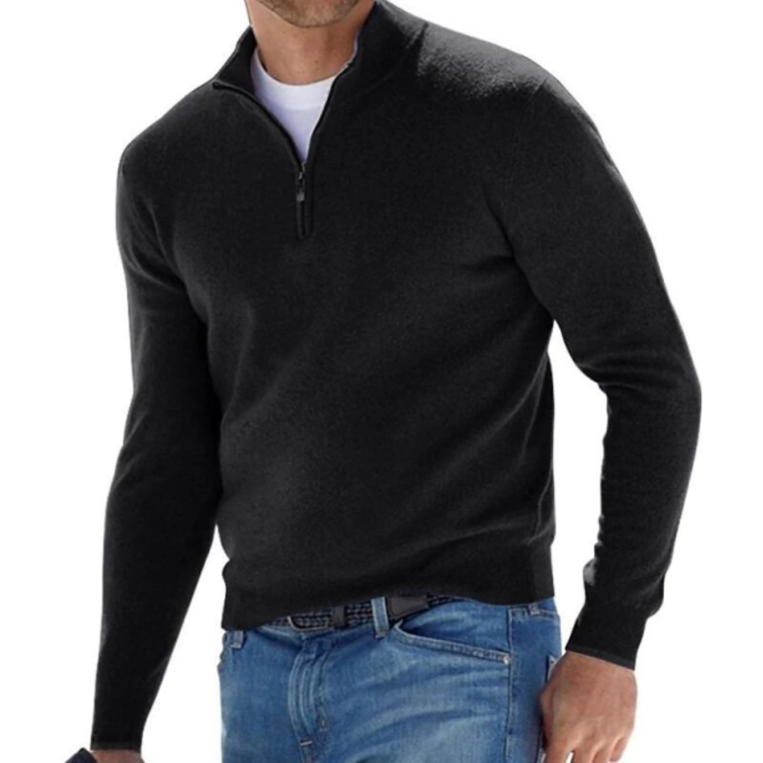 Men's slim fit zip neck stand collar jumper, side view