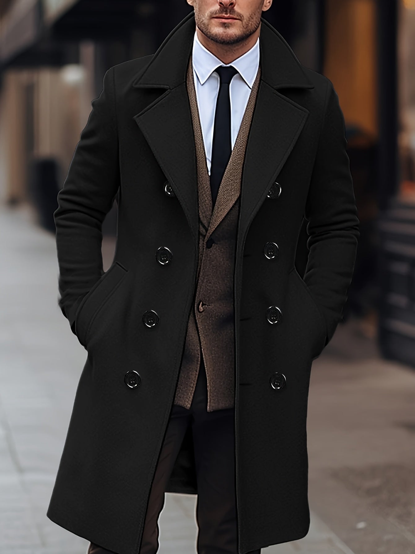 Men's double breasted winter trench coat, side view