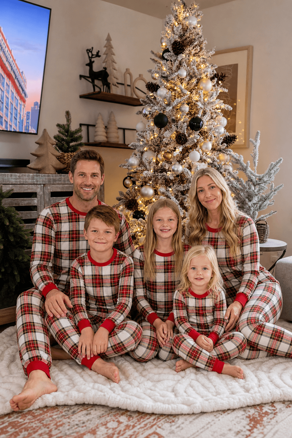 Matching family Christmas pyjamas in red and cream tartan check with red ribbed cuffs - view 2