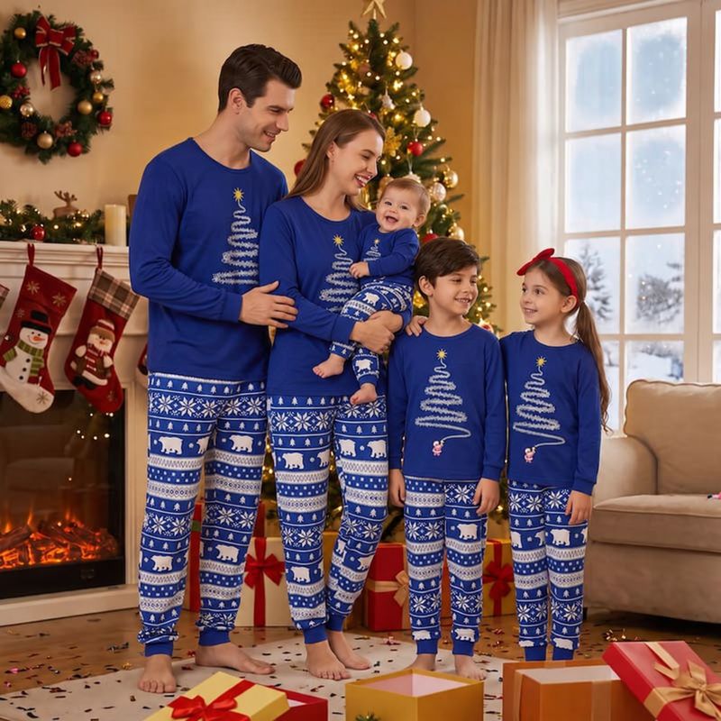 Christmas pajamas, long sleeve blue top with shimmering tree and snowflake polar bear pants