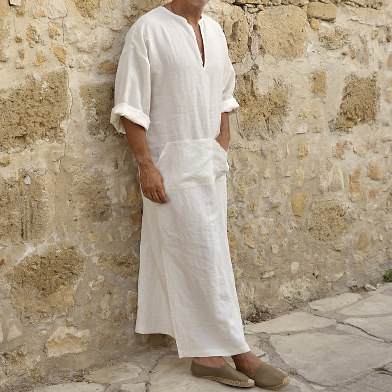 Men's ankle-length V-notch robe with front pocket and side slits - view 2