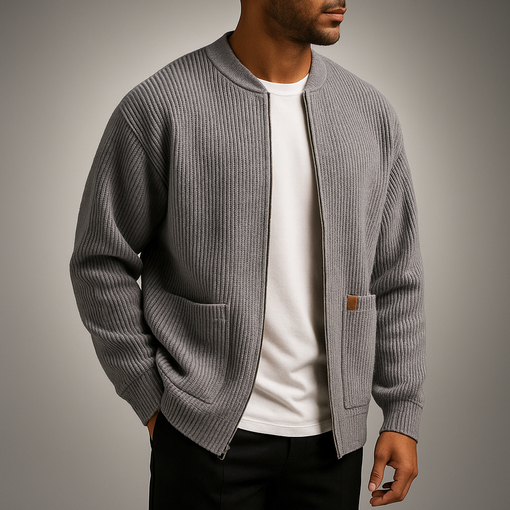 Men's ribbed oversized open cardigan, side view