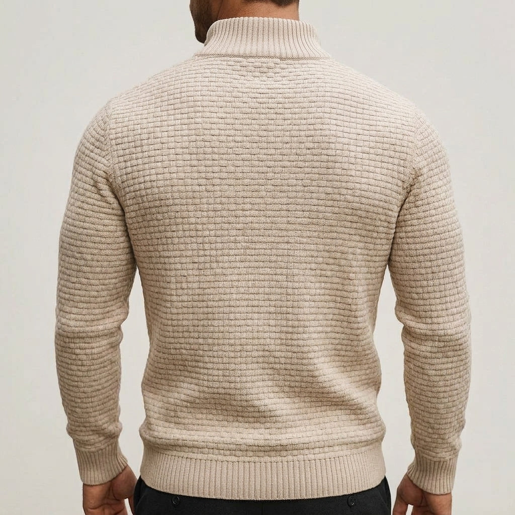Men's wool blend waffle quarter zip jumper, side view