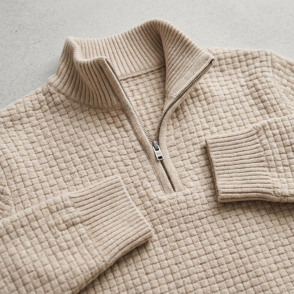 Men's wool blend waffle quarter zip jumper, back view