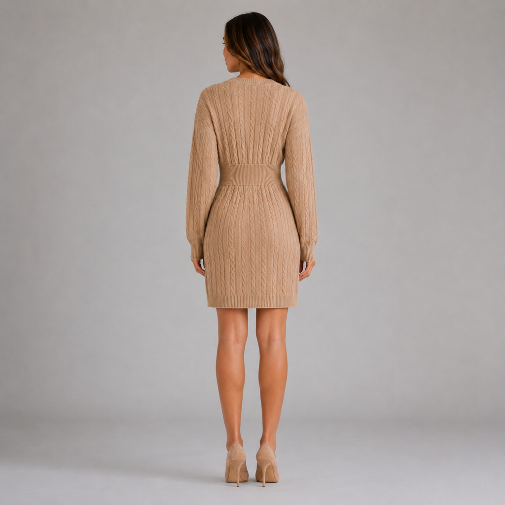 Cable knit long sleeve jumper dress with V-neck and ribbed waistband - view 9