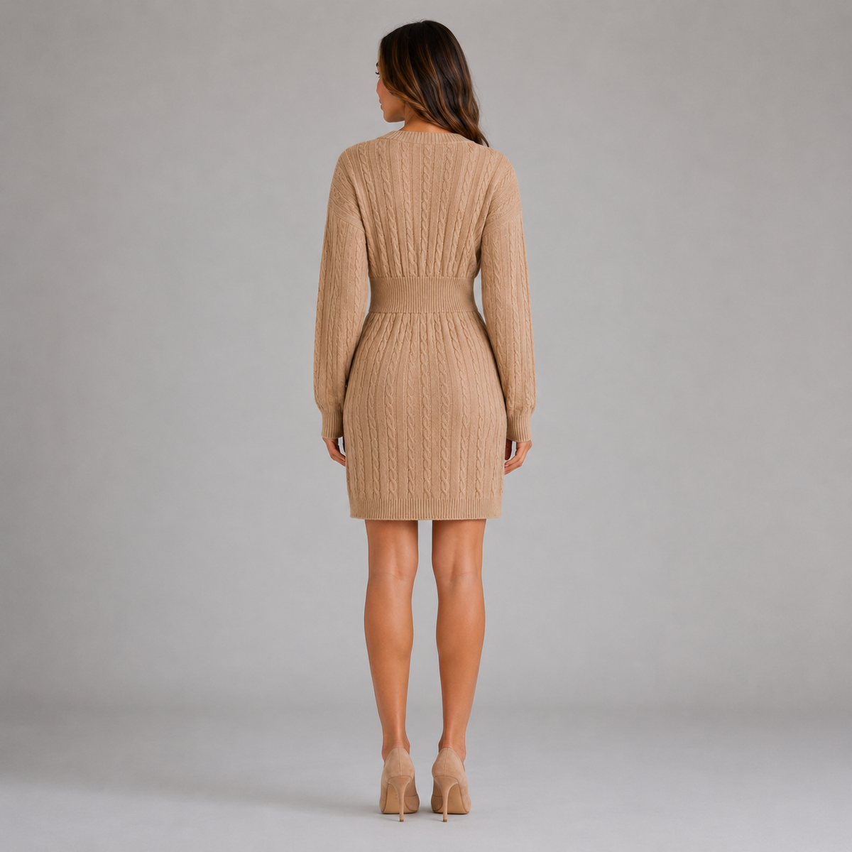Cable knit long sleeve jumper dress with V-neck and ribbed waistband - view 9
