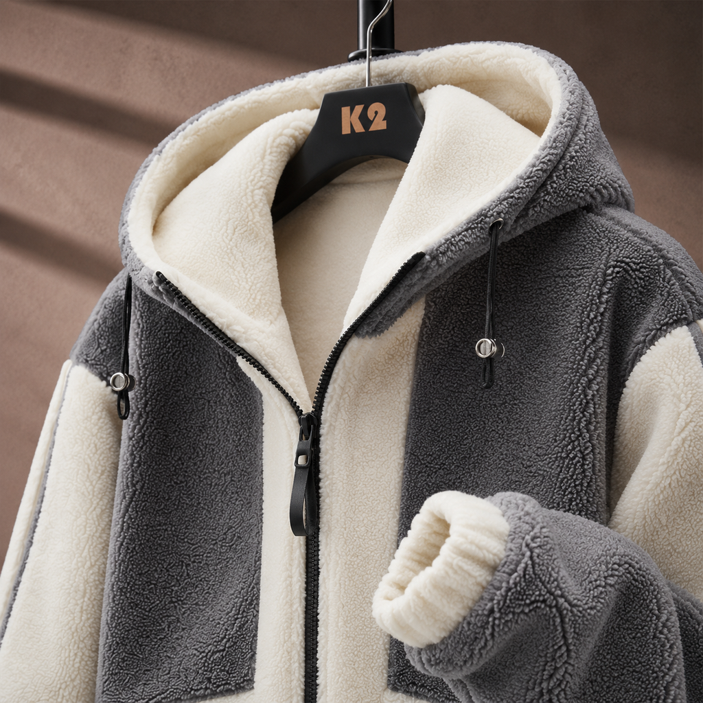 Men's fleece lined colour block hooded jacket, side view