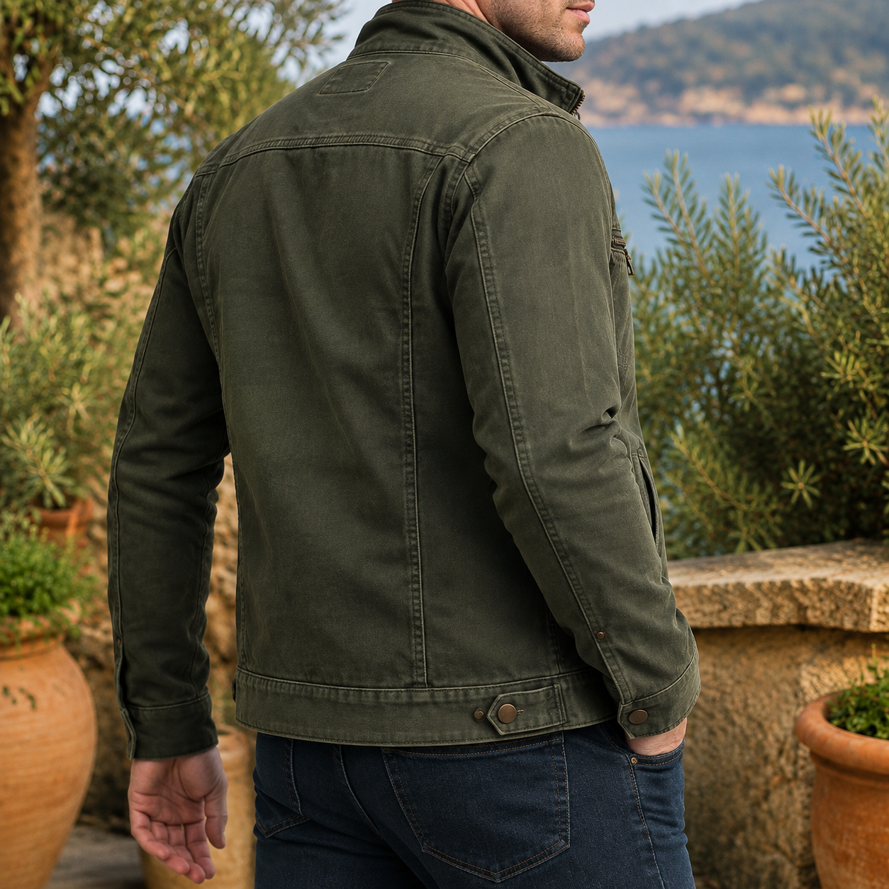 Men's cotton blend stand collar utility jacket, side view