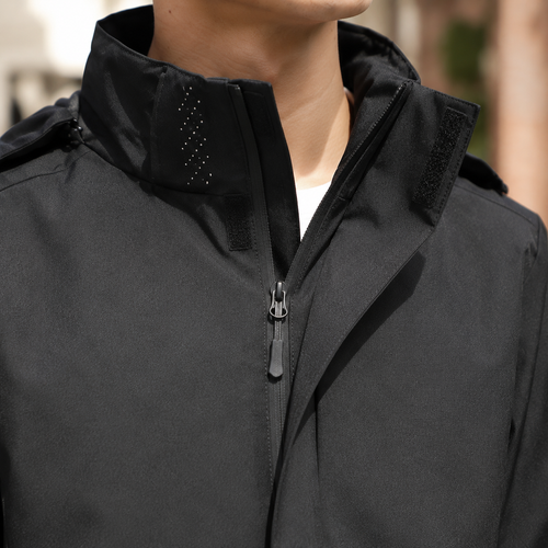 Men's high collar concealed zip jacket, side view