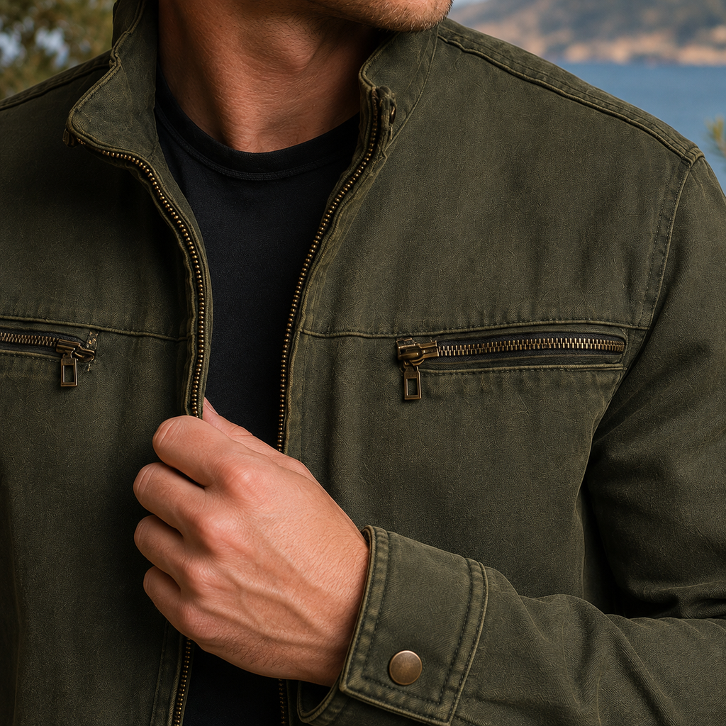Men's cotton blend stand collar utility jacket, back view