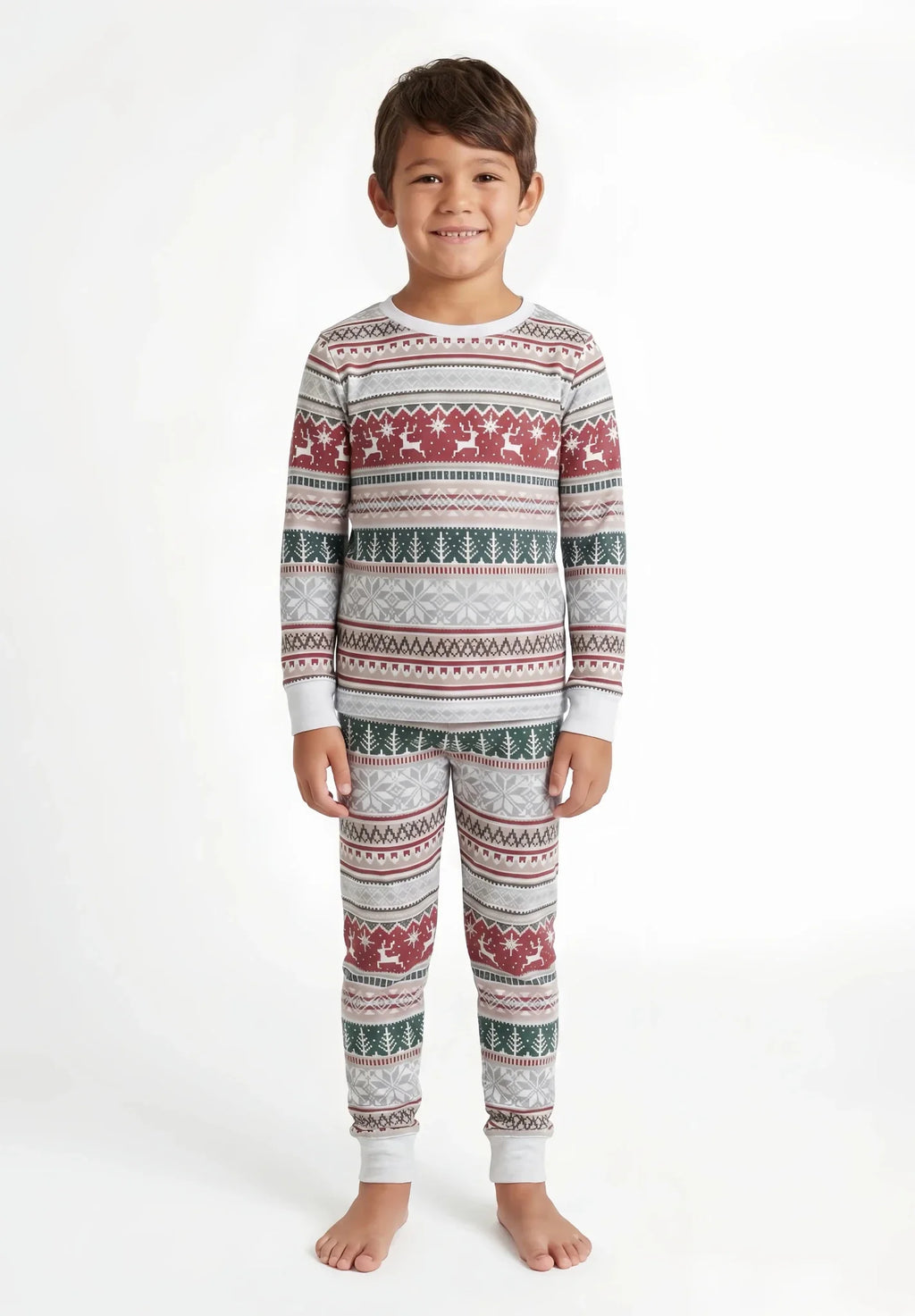 Family wearing matching Fair Isle Christmas pyjamas with reindeer and snowflake print - view 10