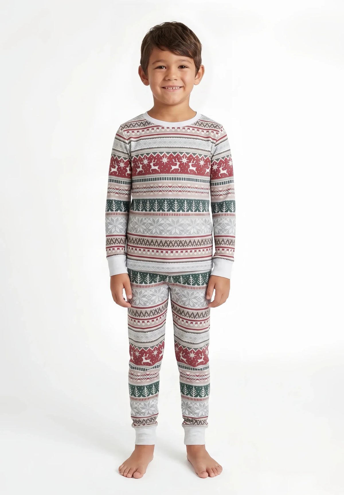 Family wearing matching Fair Isle Christmas pyjamas with reindeer and snowflake print - view 10