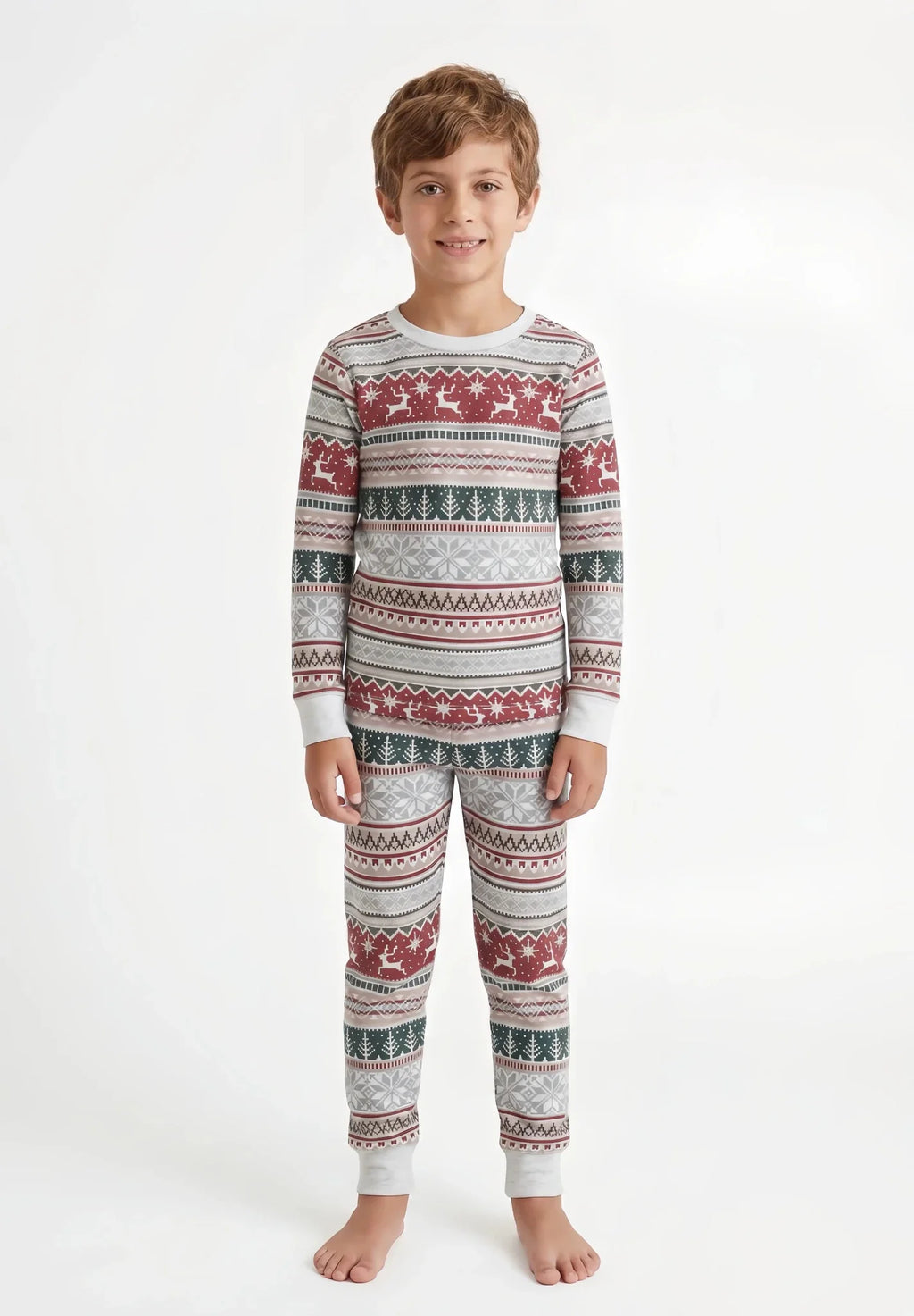 Family wearing matching Fair Isle Christmas pyjamas with reindeer and snowflake print - view 11