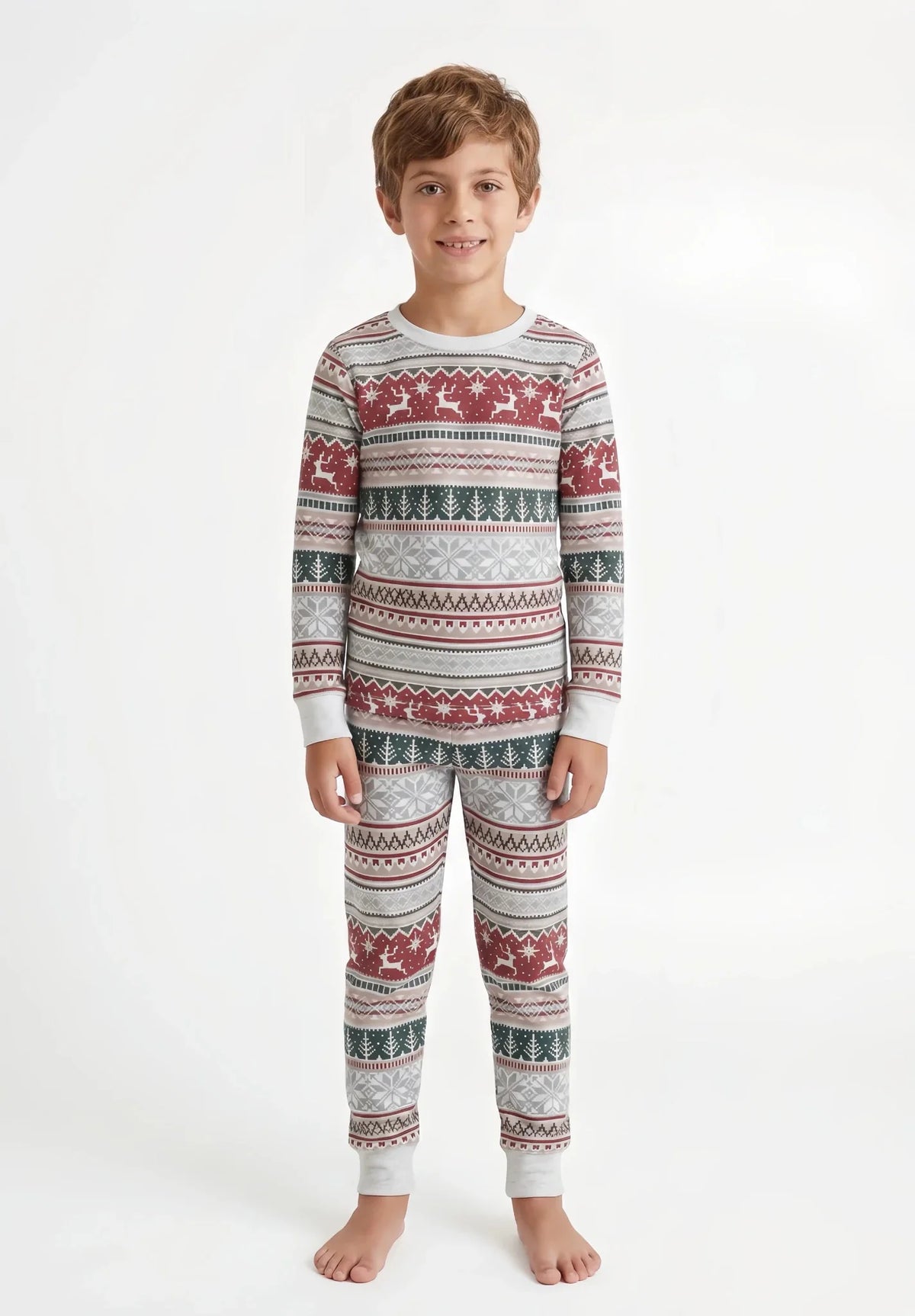 Family wearing matching Fair Isle Christmas pyjamas with reindeer and snowflake print - view 11