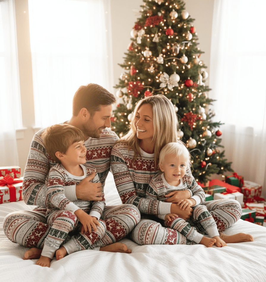 Family wearing matching Fair Isle Christmas pyjamas with reindeer and snowflake print - view 2