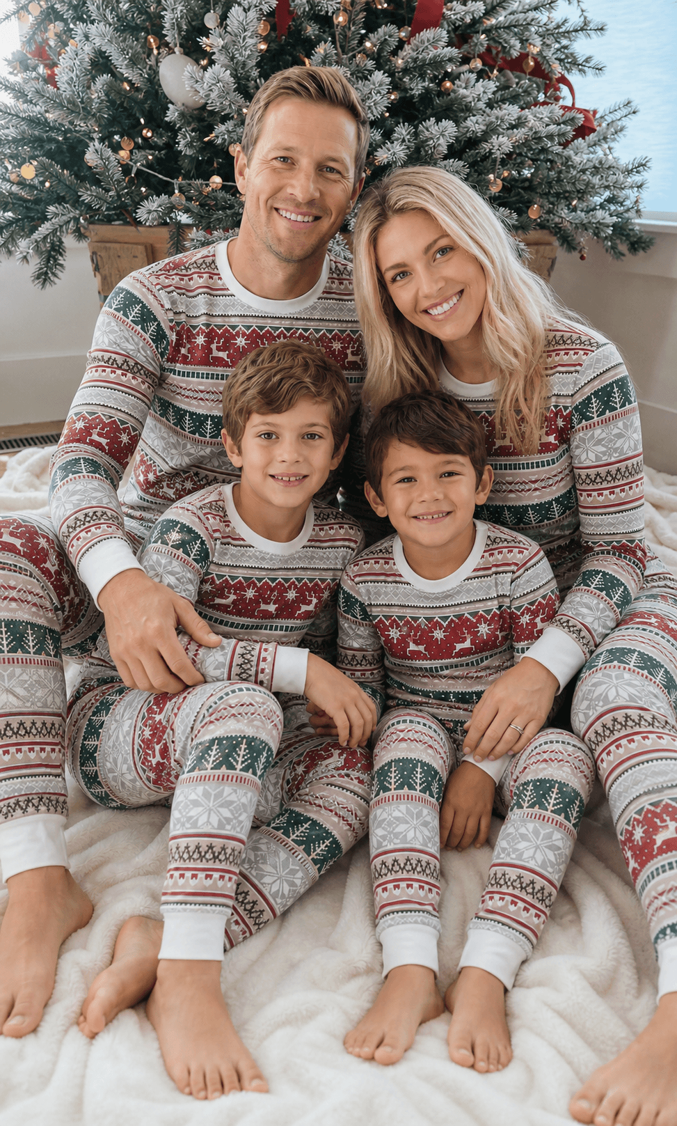 Family wearing matching Fair Isle Christmas pyjamas with reindeer and snowflake print - view 4