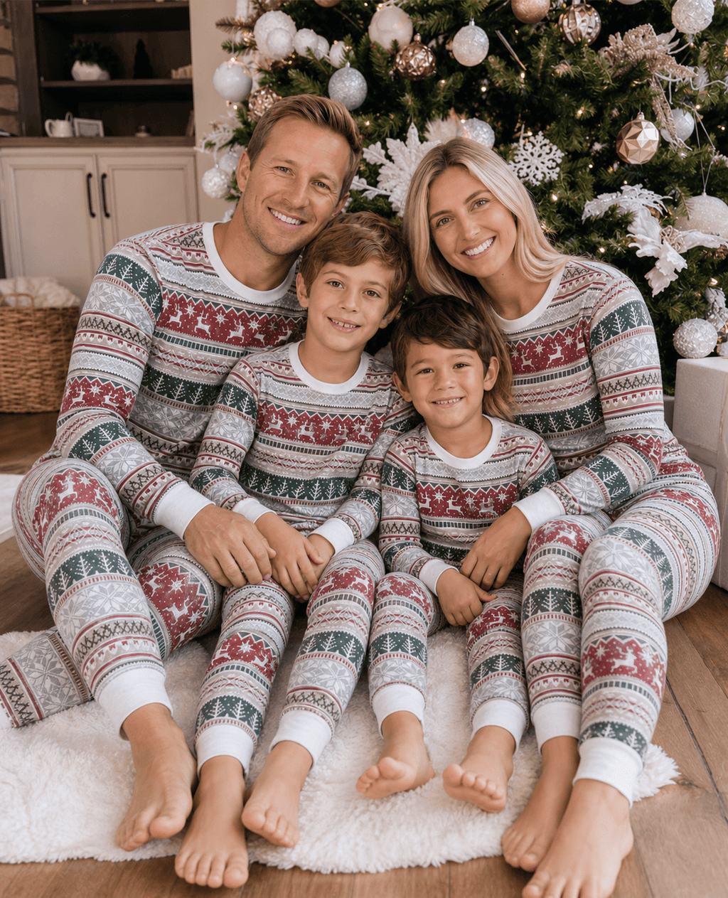 Family wearing matching Fair Isle Christmas pyjamas with reindeer and snowflake print - view 5