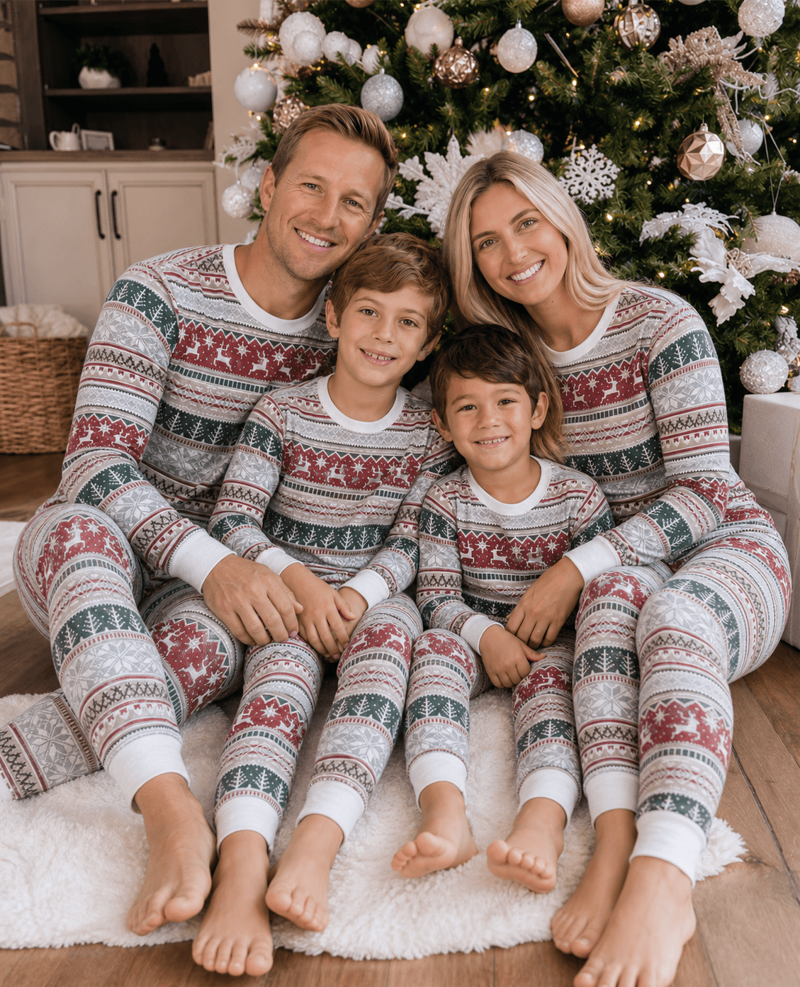 Family wearing matching Fair Isle Christmas pyjamas with reindeer and snowflake print - view 5