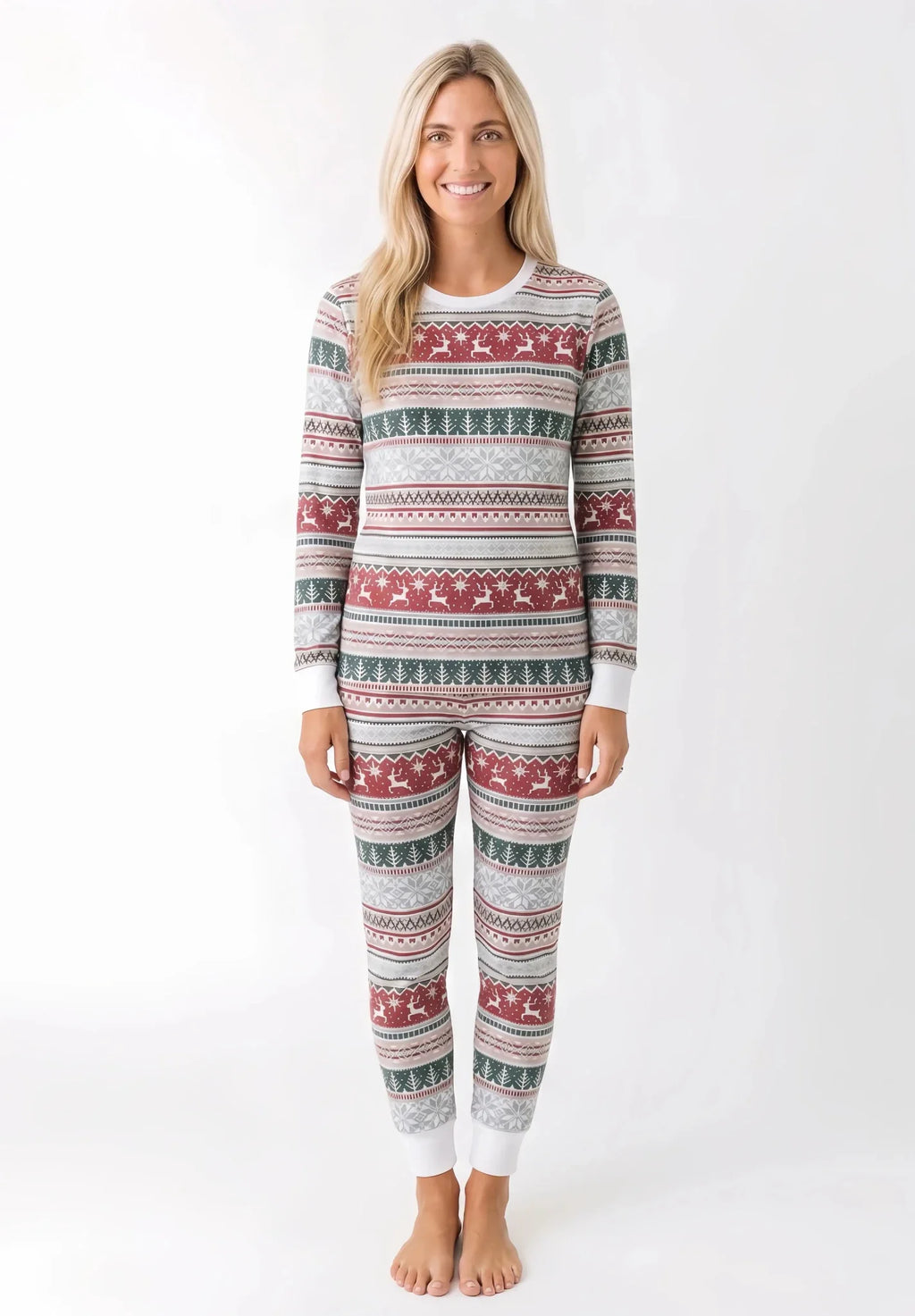 Family wearing matching Fair Isle Christmas pyjamas with reindeer and snowflake print - view 8