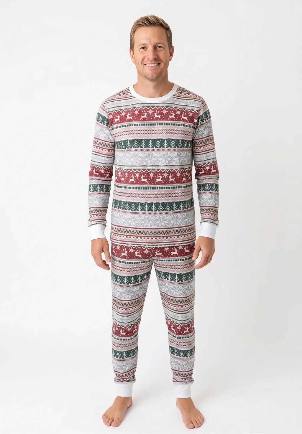 Family wearing matching Fair Isle Christmas pyjamas with reindeer and snowflake print - view 9