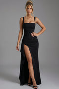 Isla square neck ruched maxi dress with thigh split and cascade drape