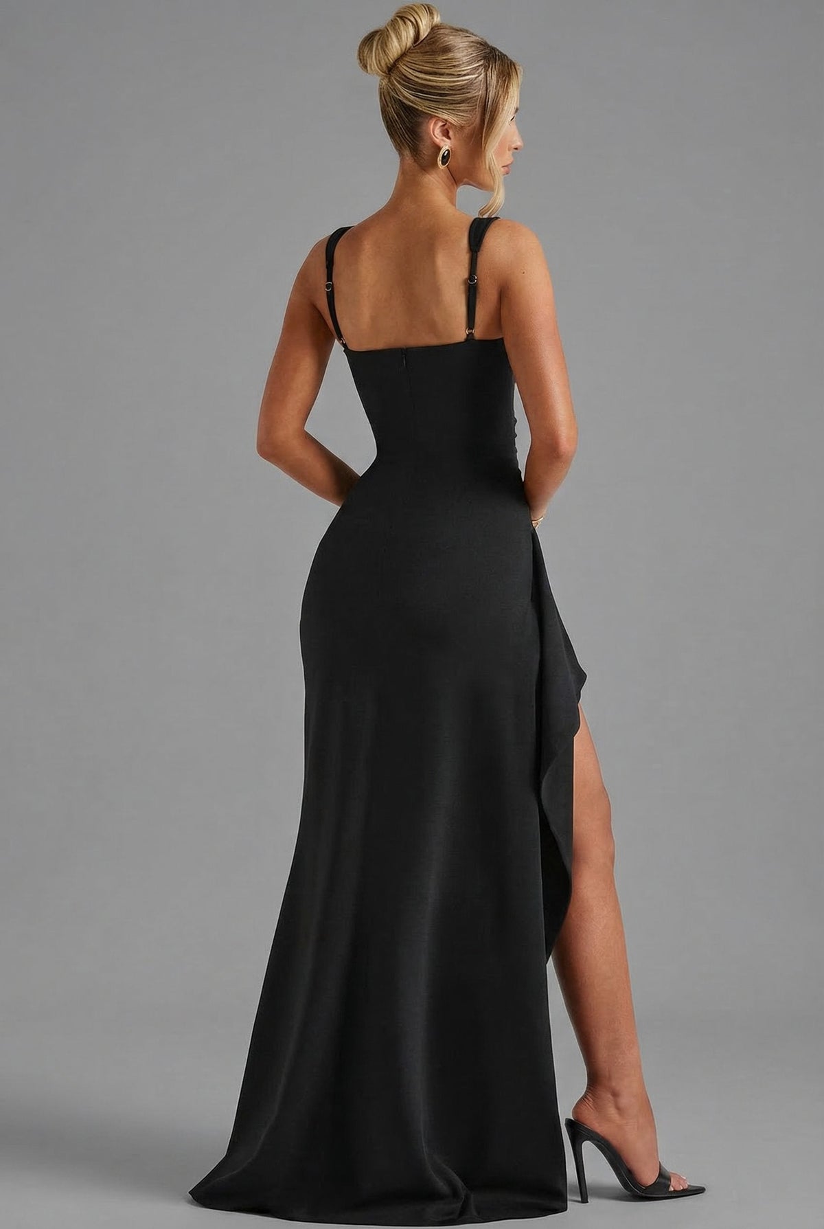 Isla square neck ruched maxi dress with thigh split and cascade drape - view 2