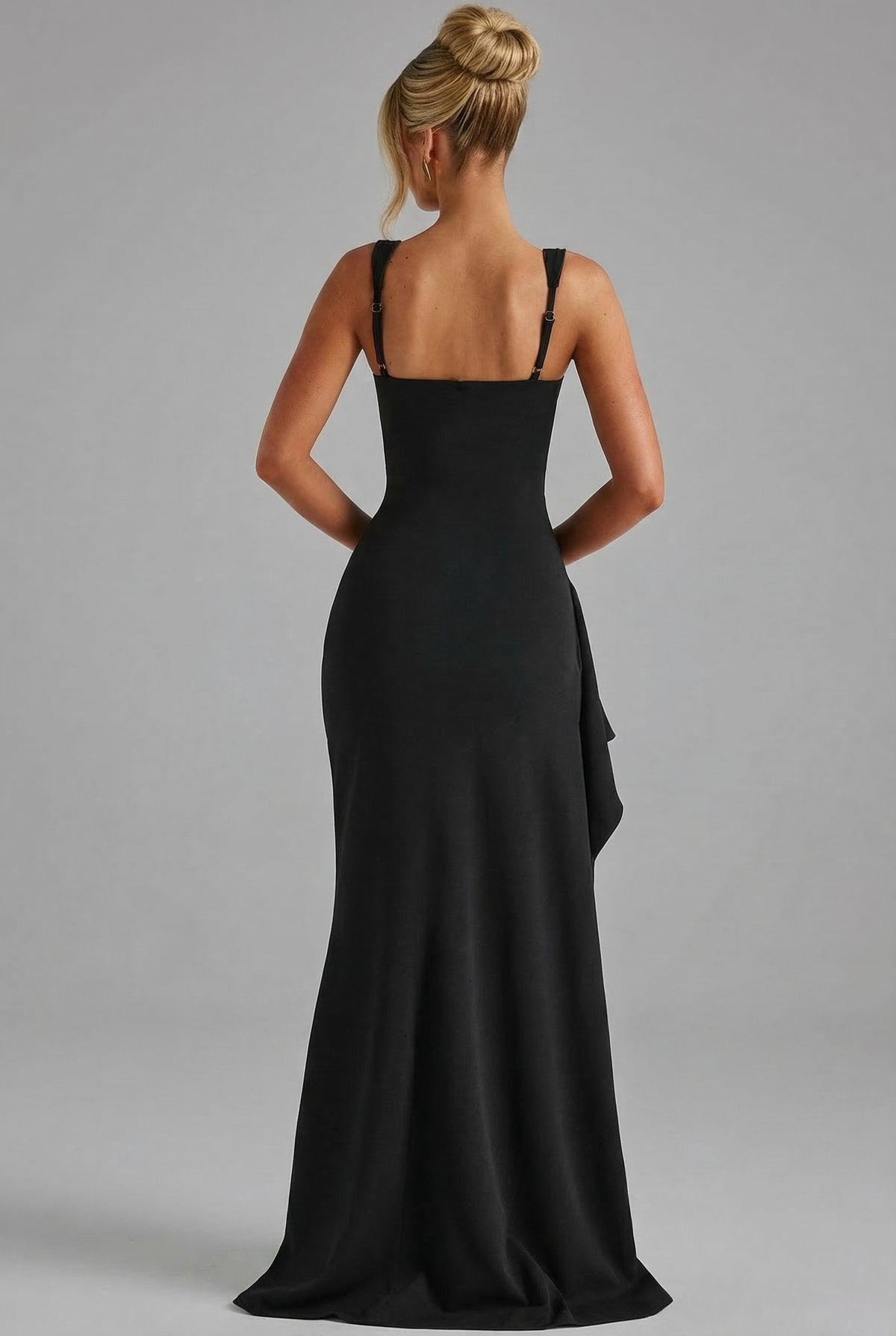 Isla square neck ruched maxi dress with thigh split and cascade drape - view 4
