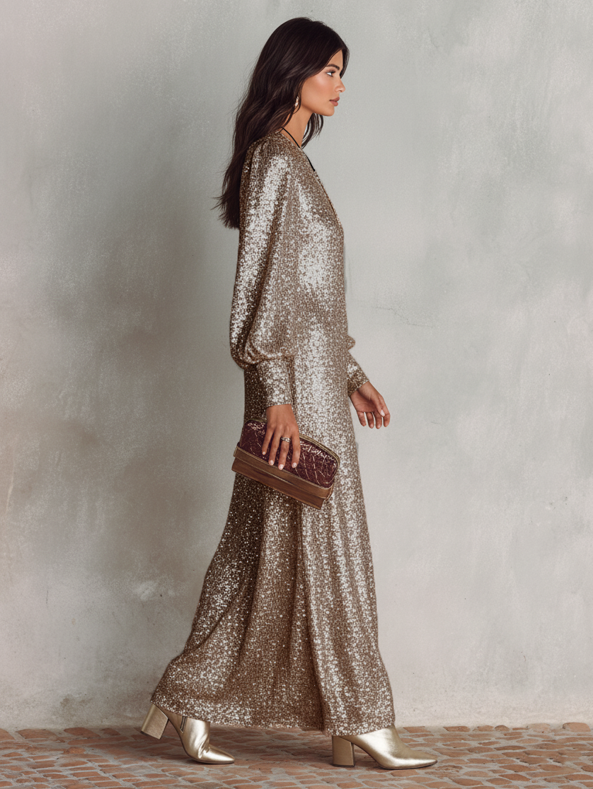Ivana formal long sleeve sequin maxi dress with V-neck - view 8