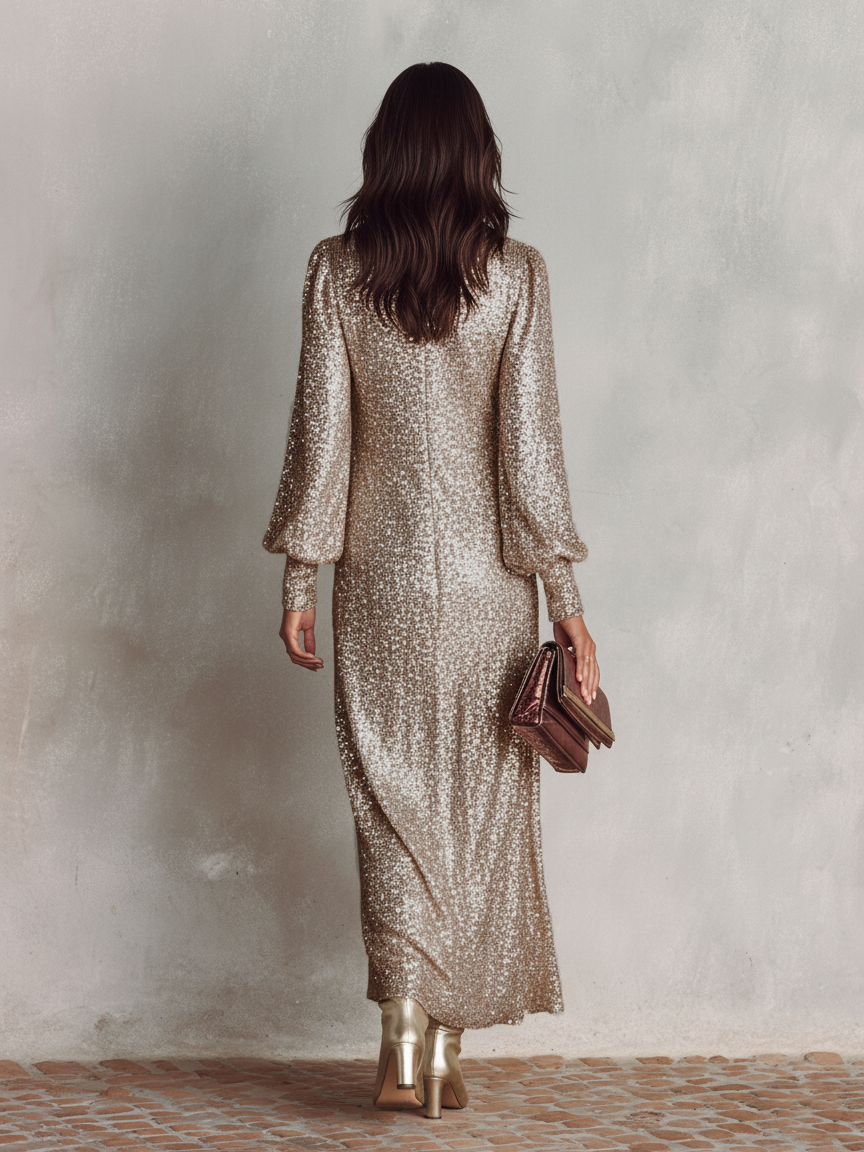 Ivana formal long sleeve sequin maxi dress with V-neck - view 9