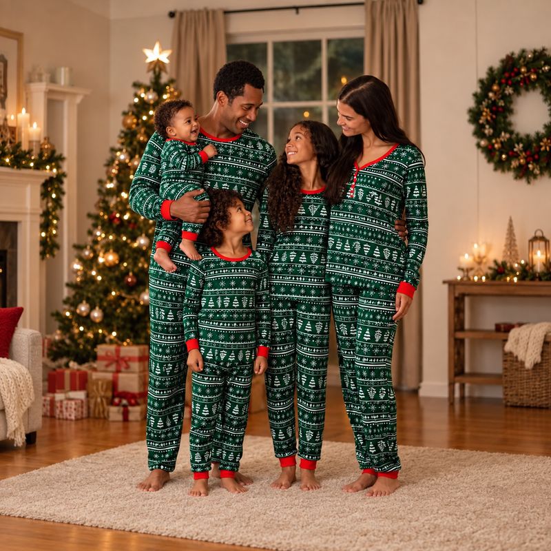 Green Fair Isle style matching Christmas pajamas with red cuffs