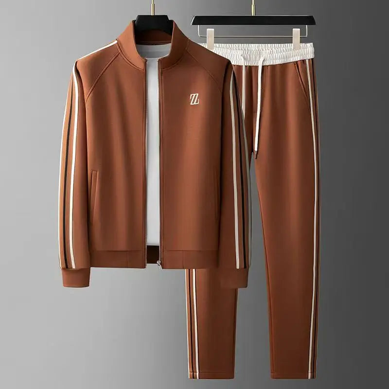 Men's striped tracksuit with stand-collar zip jacket and drawstring joggers - view 2