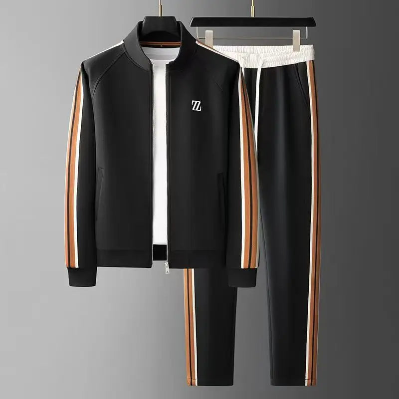 Men's striped tracksuit with stand-collar zip jacket and drawstring joggers - view 3