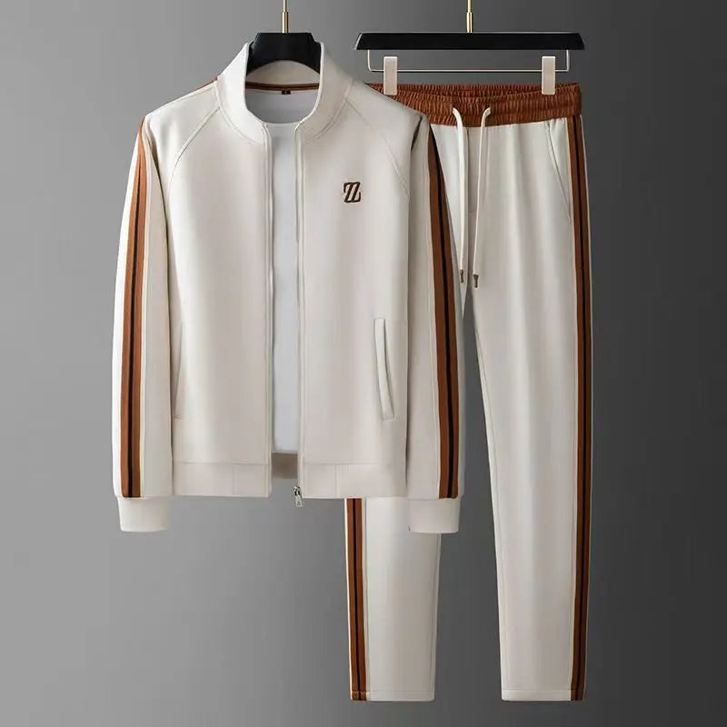 Men's striped tracksuit with stand-collar zip jacket and drawstring joggers - view 4