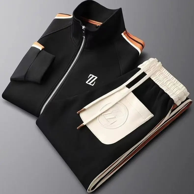 Men's striped tracksuit with stand-collar zip jacket and drawstring joggers - view 7