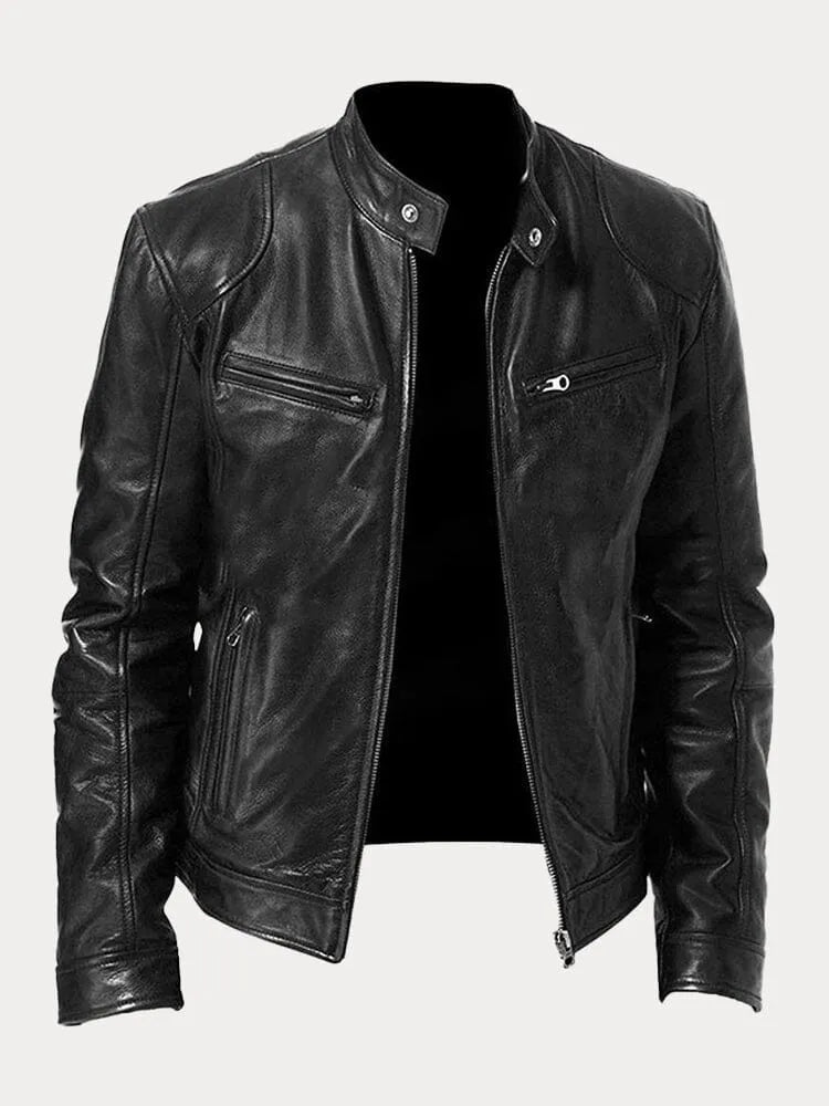 Men's faux leather cafe racer jacket with stand collar and zip pockets