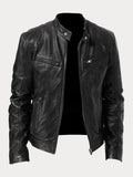 Men's faux leather cafe racer jacket with stand collar and zip pockets