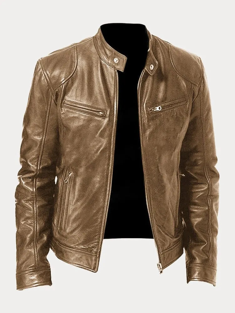 Men's faux leather cafe racer jacket with stand collar and zip pockets - view 10