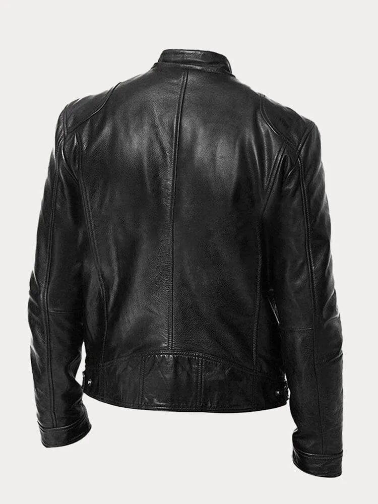 Men's faux leather cafe racer jacket with stand collar and zip pockets - view 11