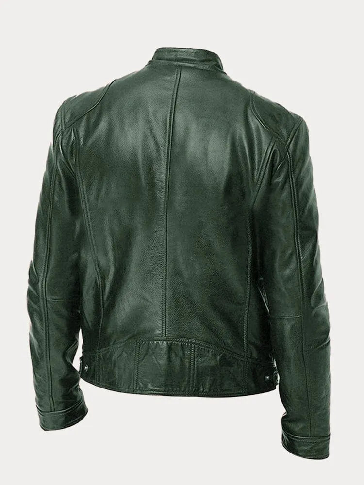 Men's faux leather cafe racer jacket with stand collar and zip pockets - view 12
