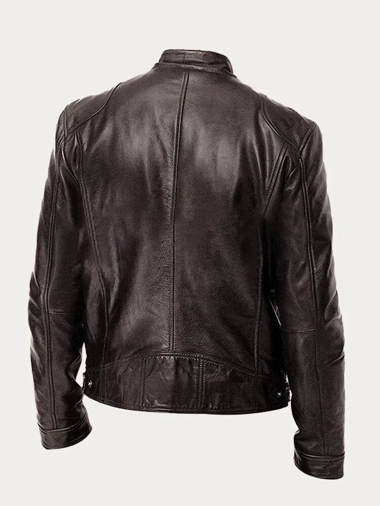 Men's faux leather cafe racer jacket with stand collar and zip pockets - view 14