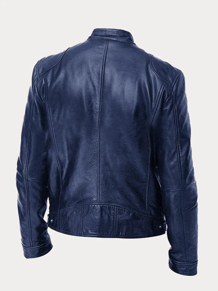 Men's faux leather cafe racer jacket with stand collar and zip pockets - view 15