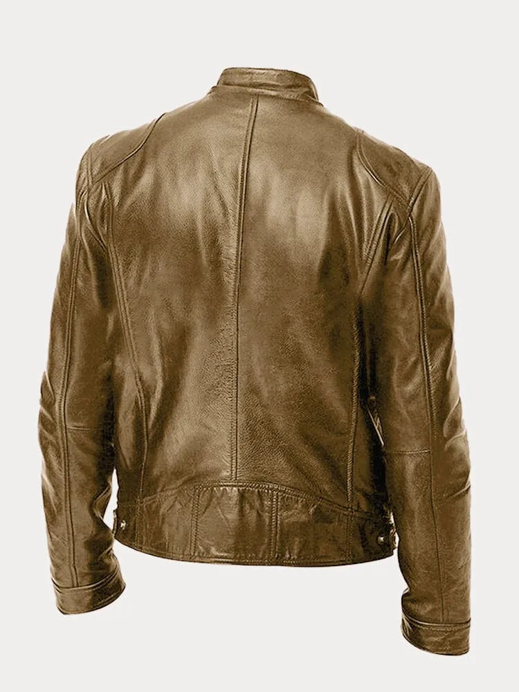Men's faux leather cafe racer jacket with stand collar and zip pockets - view 16